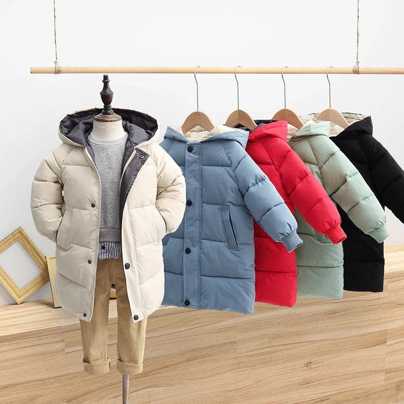 New Winter Children'S Down Padded Jacket Mid-Length Baby Jacket For Boys And Girls Solid Color Casual Hooded Jacket Cardigan