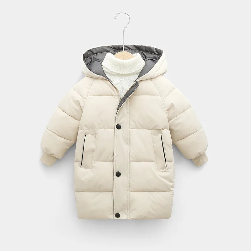 New Winter Children'S Down Padded Jacket Mid-Length Baby Jacket For Boys And Girls Solid Color Casual Hooded Jacket Cardigan