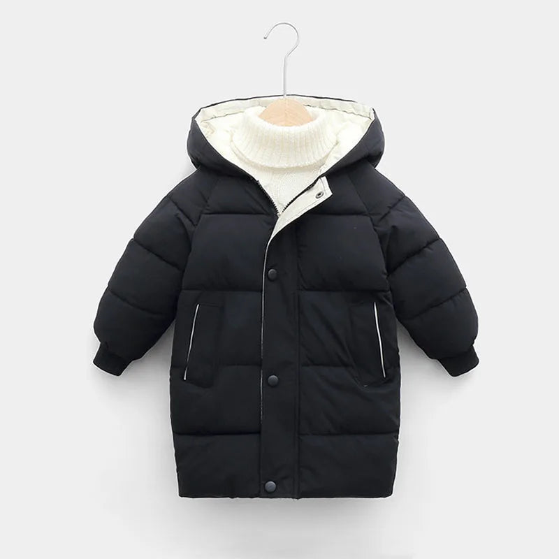 New Winter Children'S Down Padded Jacket Mid-Length Baby Jacket For Boys And Girls Solid Color Casual Hooded Jacket Cardigan