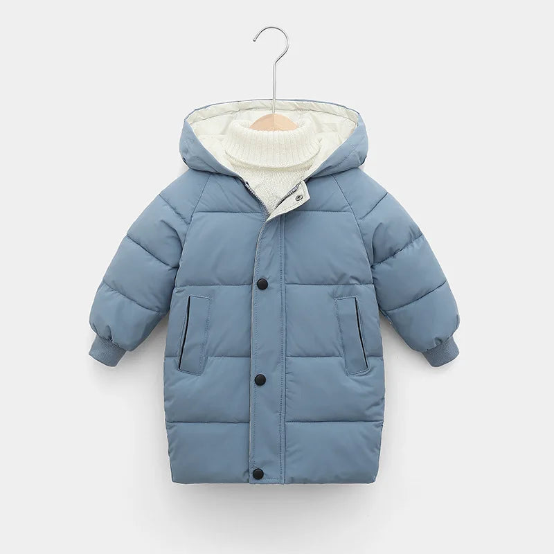 New Winter Children'S Down Padded Jacket Mid-Length Baby Jacket For Boys And Girls Solid Color Casual Hooded Jacket Cardigan