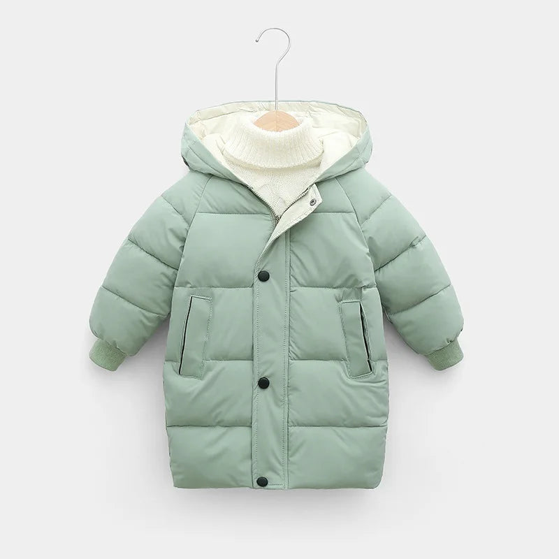 New Winter Children'S Down Padded Jacket Mid-Length Baby Jacket For Boys And Girls Solid Color Casual Hooded Jacket Cardigan