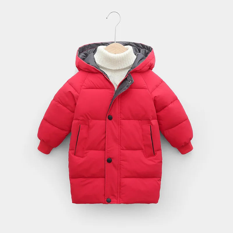 New Winter Children'S Down Padded Jacket Mid-Length Baby Jacket For Boys And Girls Solid Color Casual Hooded Jacket Cardigan