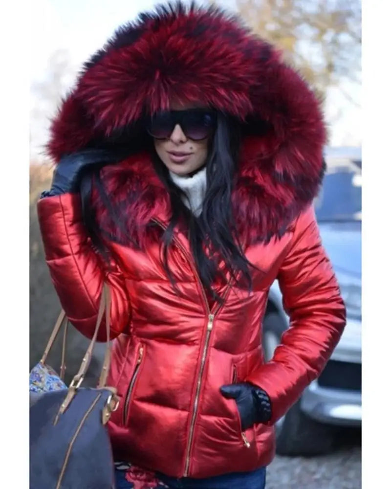 2023 New Hood Solid Color Fur Hooded Jacket Autumn Winter New Women's Cotton-Padded Down Short Parka Coat Jacket Fashion Casual